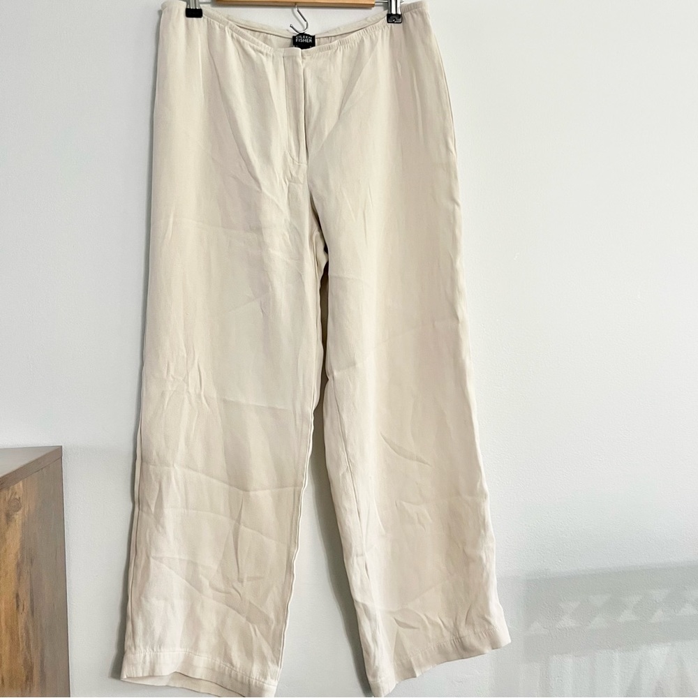 Silk Eileen Fisher Wide Leg Silk Cream Trouser Pants Stretchy Waist Medium